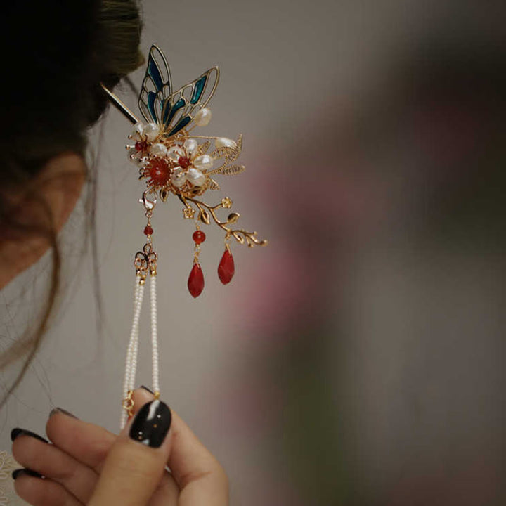 Fermaglio per capelli con perle a forma di Buddha Stones , stile cinese classico, con fiori e coroncina