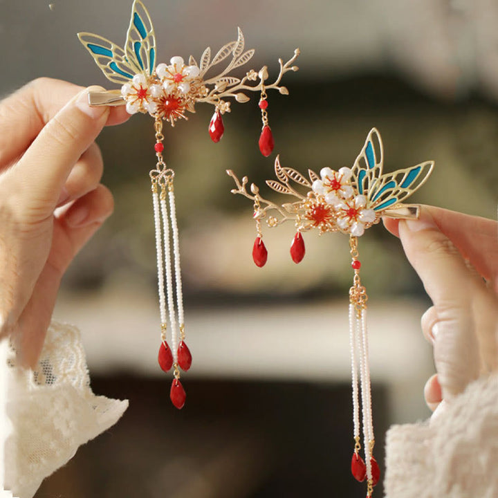 Fermaglio per capelli con perle a forma di Buddha Stones , stile cinese classico, con fiori e coroncina