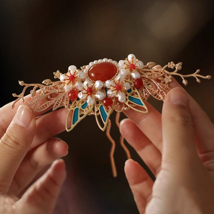 Fermaglio per capelli con perle a forma di Buddha Stones , stile cinese classico, con fiori e coroncina