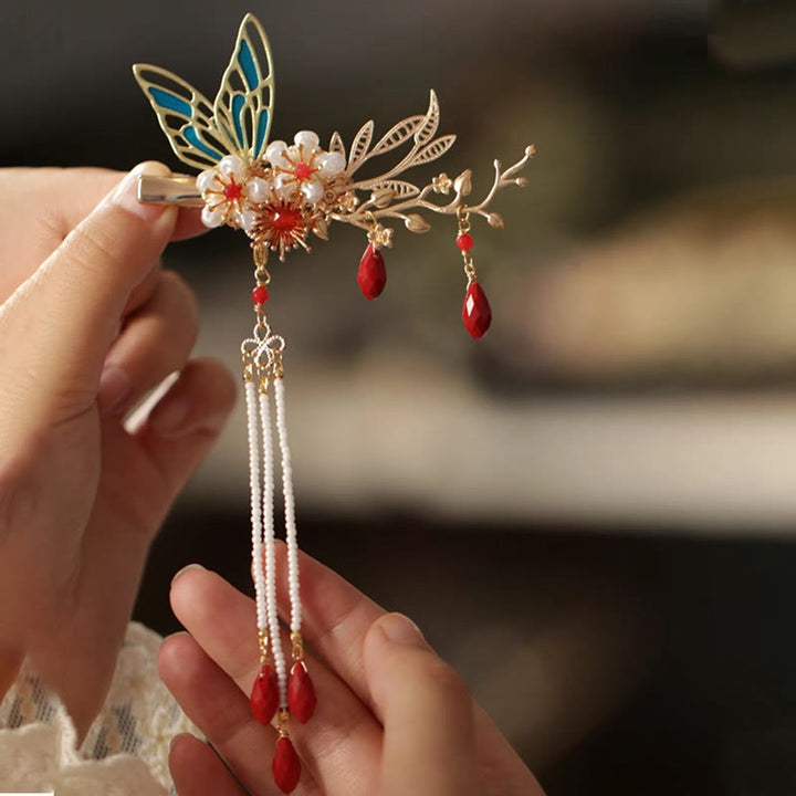Fermaglio per capelli con perle a forma di Buddha Stones , stile cinese classico, con fiori e coroncina