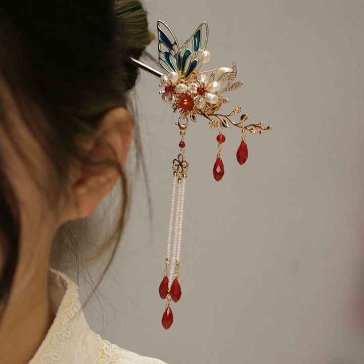 Fermaglio per capelli con perle a forma di Buddha Stones , stile cinese classico, con fiori e coroncina