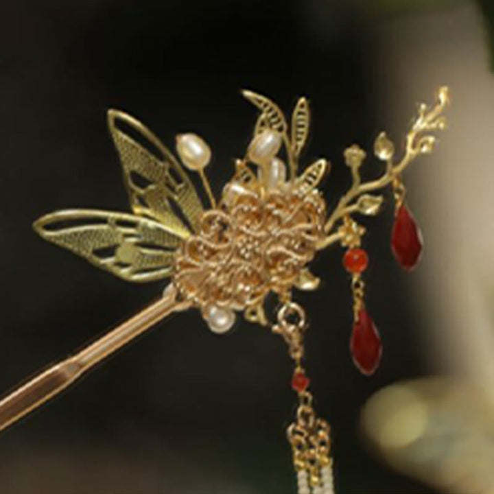 Fermaglio per capelli con perle a forma di Buddha Stones , stile cinese classico, con fiori e coroncina