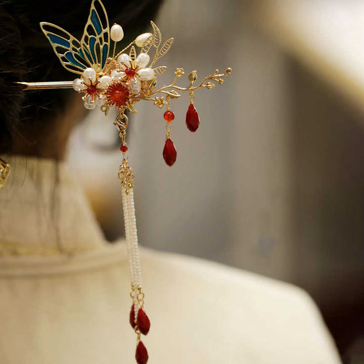 Fermaglio per capelli con perle a forma di Buddha Stones , stile cinese classico, con fiori e coroncina