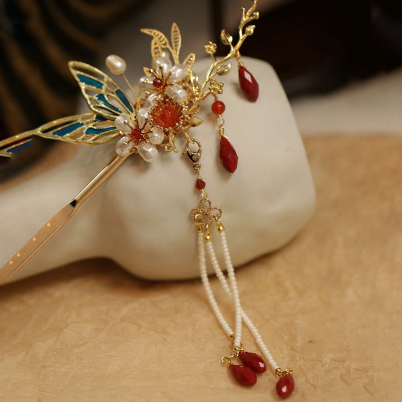Fermaglio per capelli con perle a forma di Buddha Stones , stile cinese classico, con fiori e coroncina