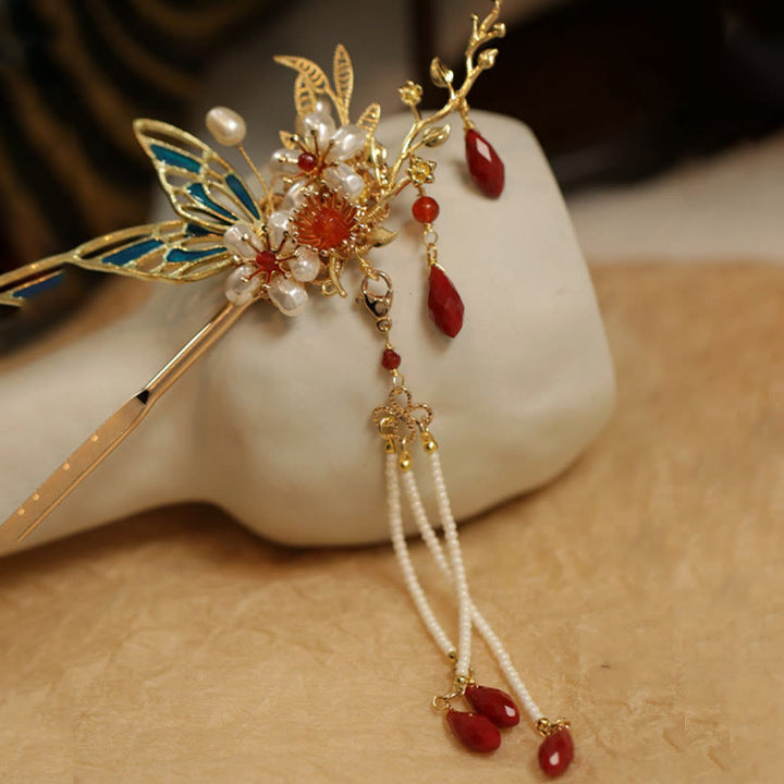 Fermaglio per capelli con perle a forma di Buddha Stones , stile cinese classico, con fiori e coroncina