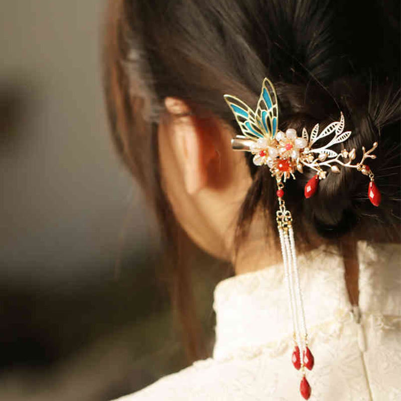 Fermaglio per capelli con perle a forma di Buddha Stones , stile cinese classico, con fiori e coroncina