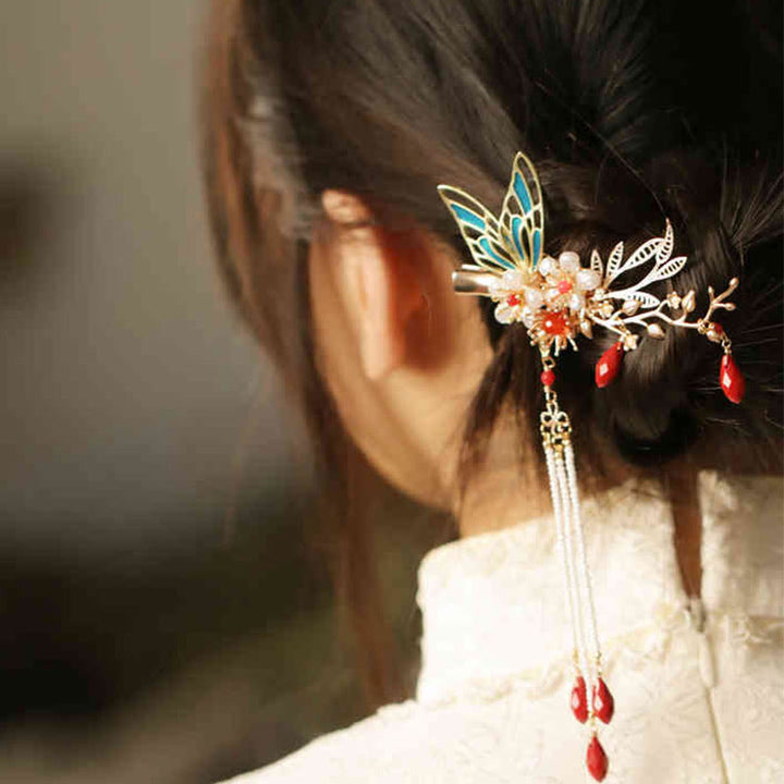 Fermaglio per capelli con perle a forma di Buddha Stones , stile cinese classico, con fiori e coroncina