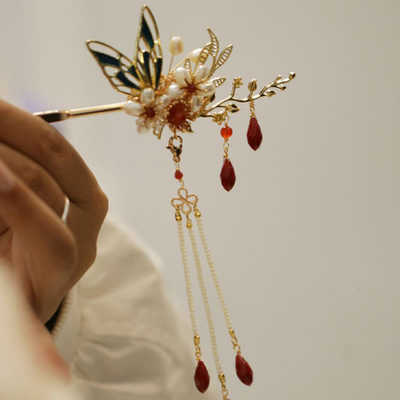 Fermaglio per capelli con perle a forma di Buddha Stones , stile cinese classico, con fiori e coroncina