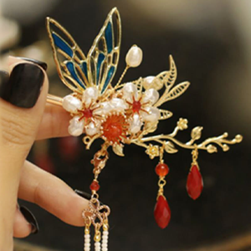 Fermaglio per capelli con perle a forma di Buddha Stones , stile cinese classico, con fiori e coroncina