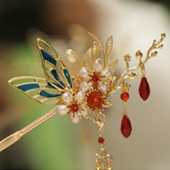 Fermaglio per capelli con perle a forma di Buddha Stones , stile cinese classico, con fiori e coroncina