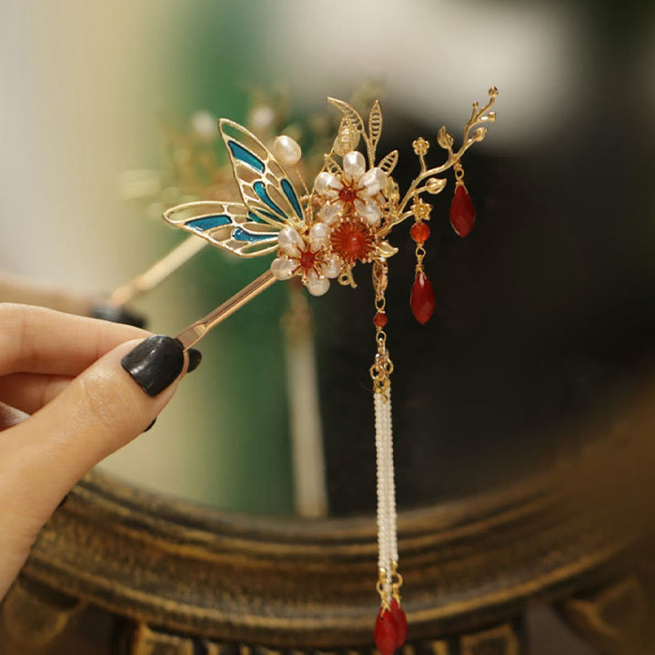 Fermaglio per capelli con perle a forma di Buddha Stones , stile cinese classico, con fiori e coroncina