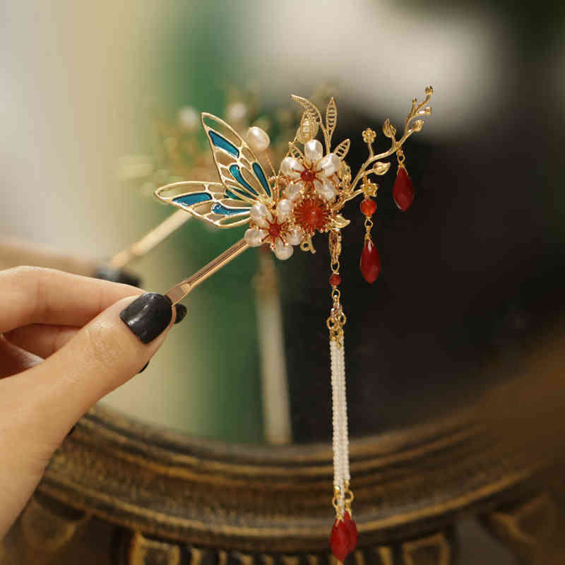 Fermaglio per capelli con perle a forma di Buddha Stones , stile cinese classico, con fiori e coroncina