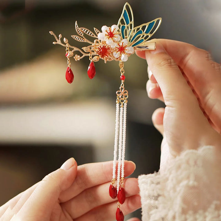 Fermaglio per capelli con perle a forma di Buddha Stones , stile cinese classico, con fiori e coroncina