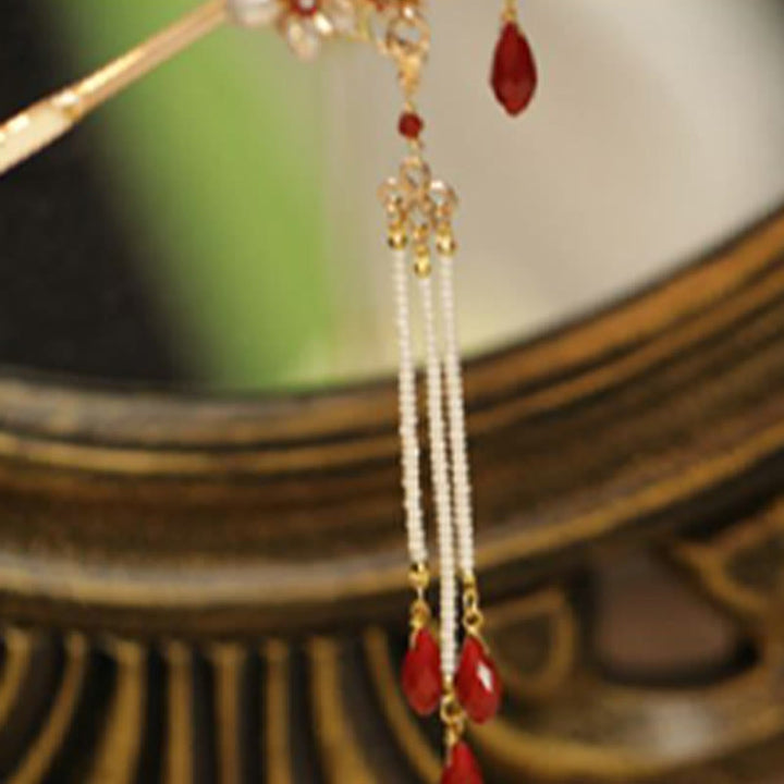 Fermaglio per capelli con perle a forma di Buddha Stones , stile cinese classico, con fiori e coroncina