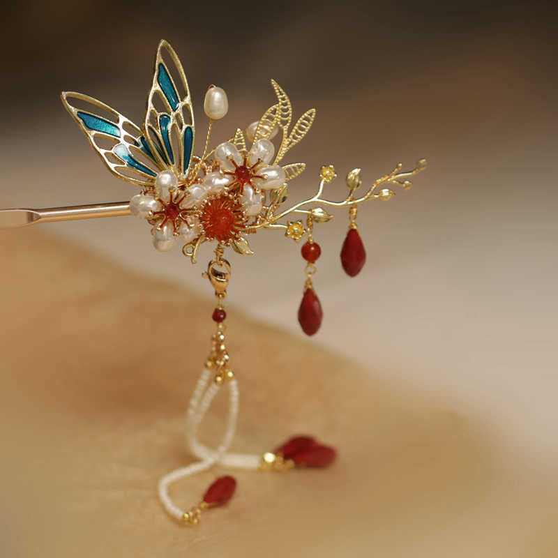 Fermaglio per capelli con perle a forma di Buddha Stones , stile cinese classico, con fiori e coroncina