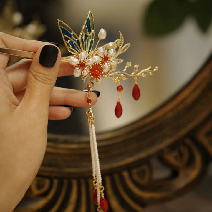 Fermaglio per capelli con perle a forma di Buddha Stones , stile cinese classico, con fiori e coroncina
