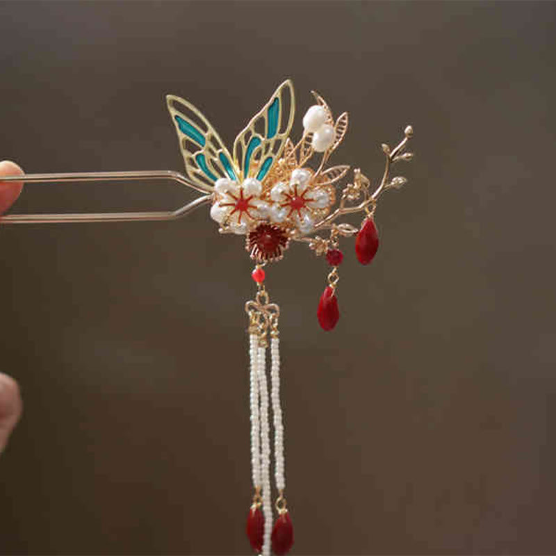 Fermaglio per capelli con perle a forma di Buddha Stones , stile cinese classico, con fiori e coroncina