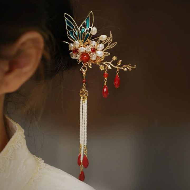 Fermaglio per capelli con perle a forma di Buddha Stones , stile cinese classico, con fiori e coroncina
