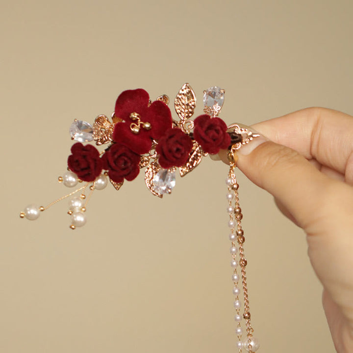 Fermaglio per capelli laterale con nappa di fiori di camelia rossa in stile cinese retrò Buddha Stones