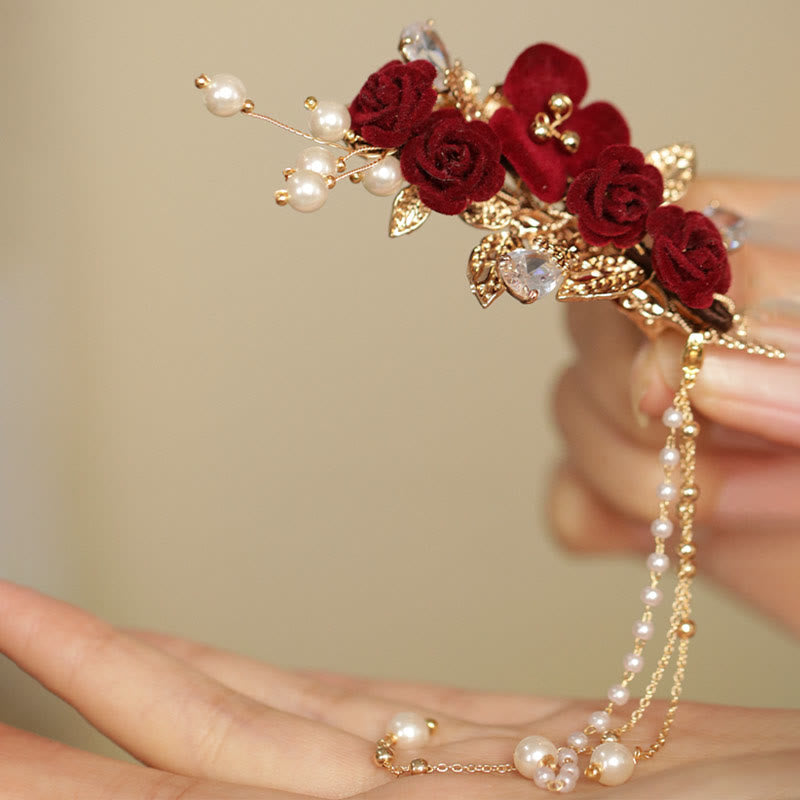 Fermaglio per capelli laterale con nappa di fiori di camelia rossa in stile cinese retrò Buddha Stones