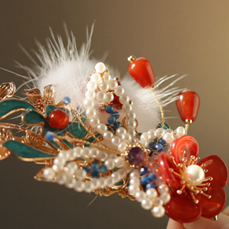Fermaglio per capelli con perle a forma Buddha Stones farfalla, fiore rosso, stile cinese classico