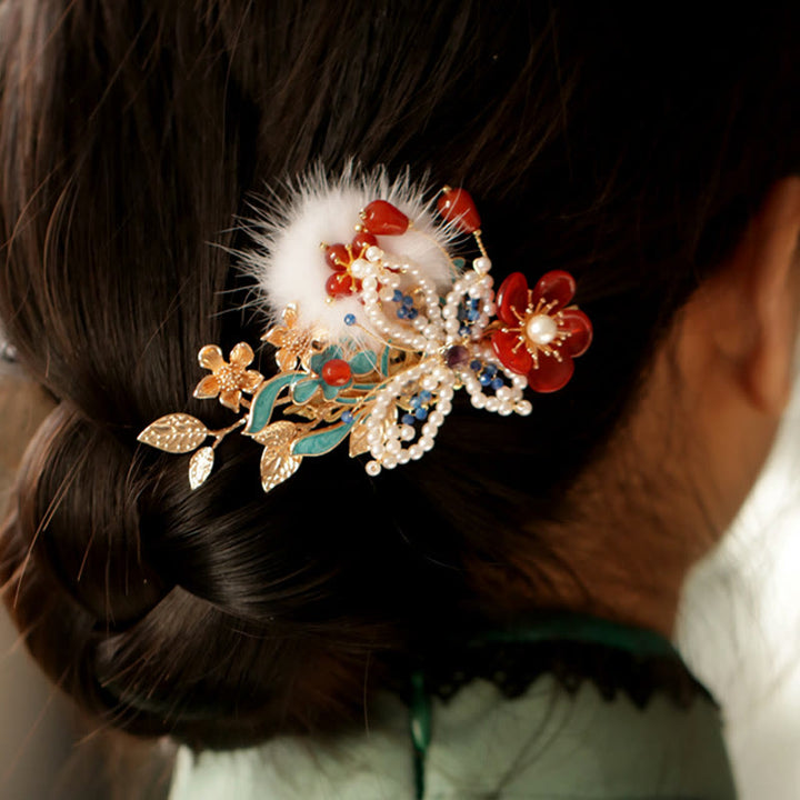 Fermaglio per capelli con perle a forma Buddha Stones farfalla, fiore rosso, stile cinese classico