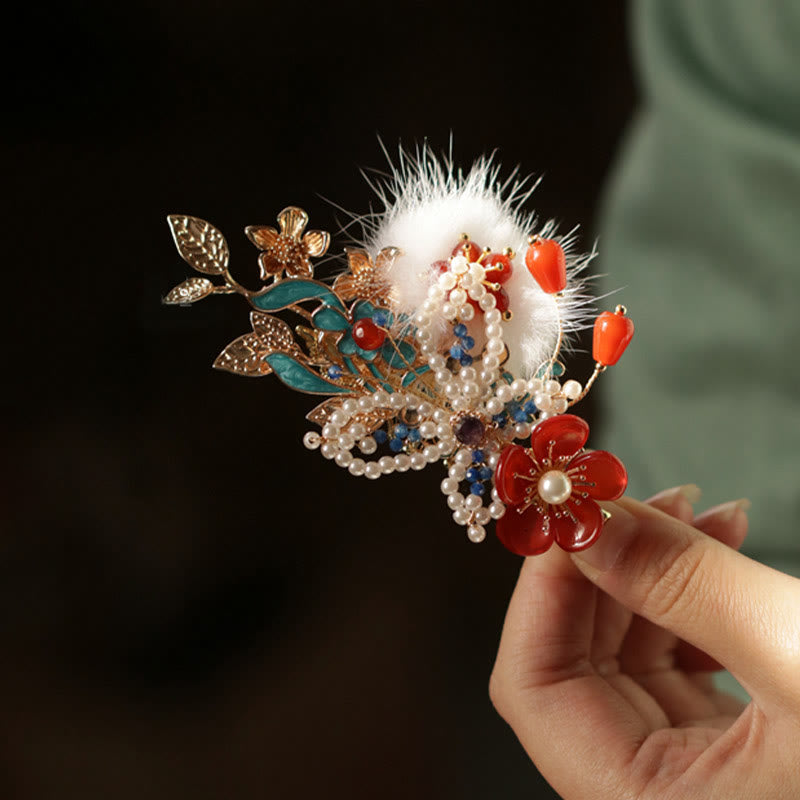 Fermaglio per capelli con perle a forma Buddha Stones farfalla, fiore rosso, stile cinese classico