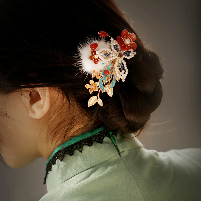 Fermaglio per capelli con perle a forma Buddha Stones farfalla, fiore rosso, stile cinese classico