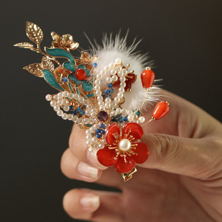 Fermaglio per capelli con perle a forma Buddha Stones farfalla, fiore rosso, stile cinese classico