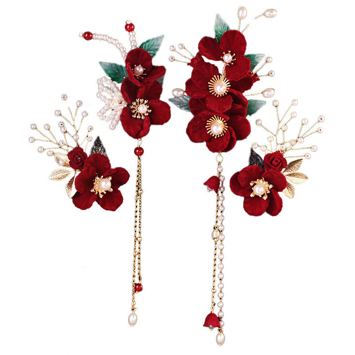 Set di fermagli per capelli con nappe di perle e fiori rossi Buddha Stones Antiquity