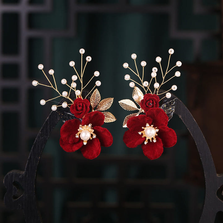 Set di fermagli per capelli con nappe di perle e fiori rossi Buddha Stones Antiquity