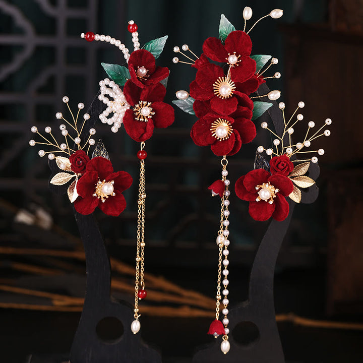 Set di fermagli per capelli con nappe di perle e fiori rossi Buddha Stones Antiquity