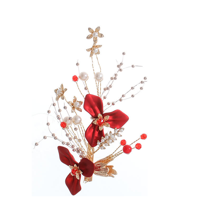 Set di fermagli per capelli con perle e fiori rossi da sposa in stile cinese Buddha Stones