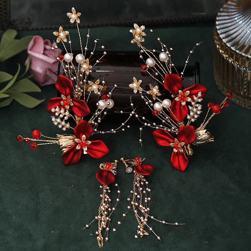 Set di fermagli per capelli con perle e fiori rossi da sposa in stile cinese Buddha Stones