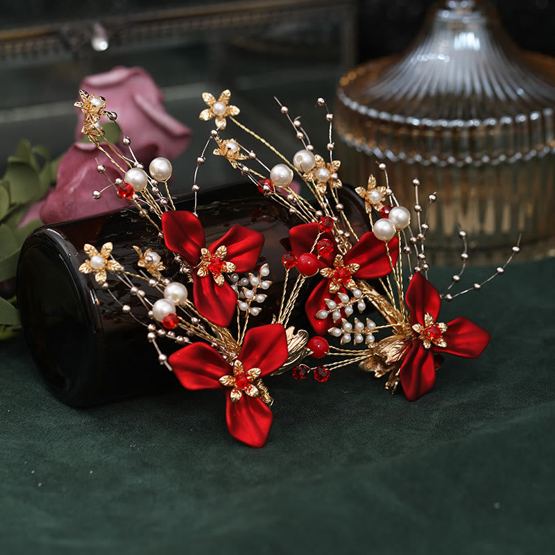 Set di fermagli per capelli con perle e fiori rossi da sposa in stile cinese Buddha Stones