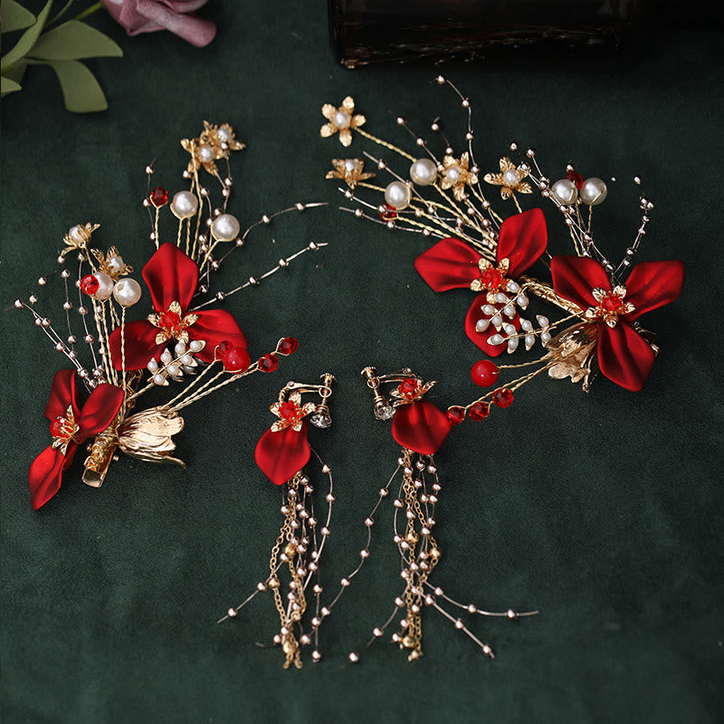 Set di fermagli per capelli con perle e fiori rossi da sposa in stile cinese Buddha Stones