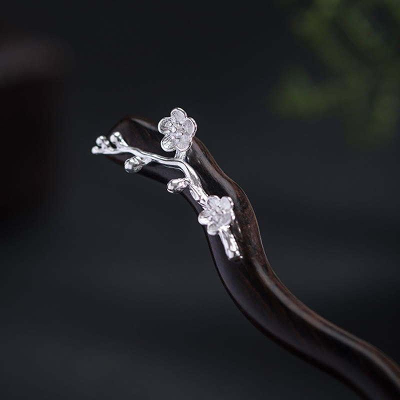 Forcina per capelli con fiore di prugna in ebano, stile cinese classico, in argento sterling 925, Buddha Stones - image 4