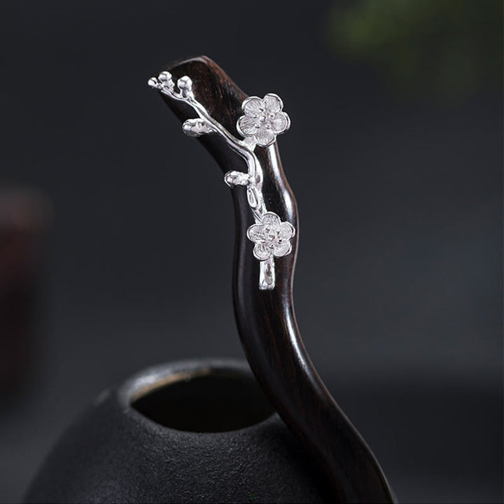 Forcina per capelli con fiore di prugna in ebano, stile cinese classico, in argento sterling 925, Buddha Stones - image 1