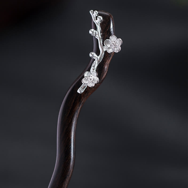 Forcina per capelli con fiore di prugna in ebano, stile cinese classico, in argento sterling 925, Buddha Stones - image 8