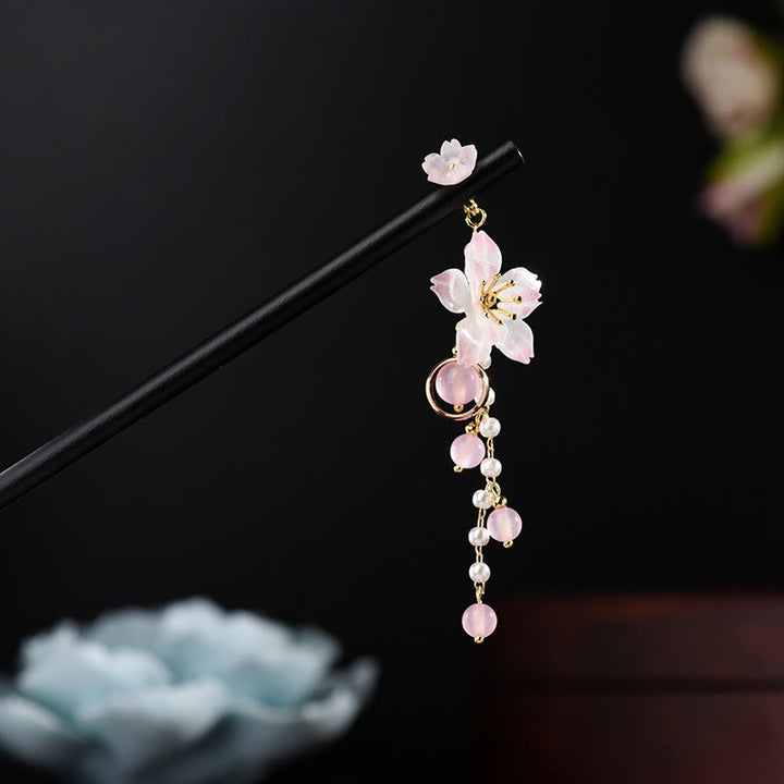 Forcina per capelli in legno con nappa in fiore di pero in stile artistico Buddha Stones