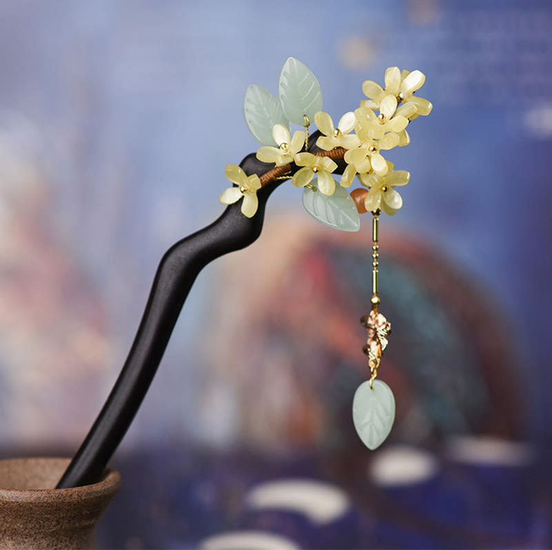 Forcina per capelli con nappa in legno di ebano naturale Buddha Stones