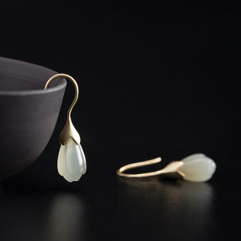 Orecchini pendenti Buddha Stones in argento sterling 925 con giada Hetian e magnolia - Argento Sterling 925 - image 0