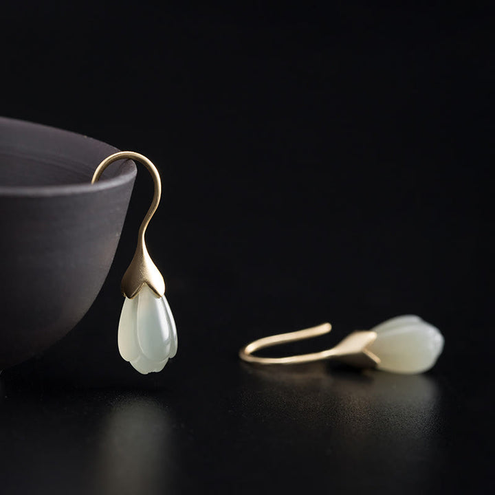 Orecchini pendenti Buddha Stones in argento sterling 925 con giada Hetian e magnolia - Argento Sterling 925 - image 0