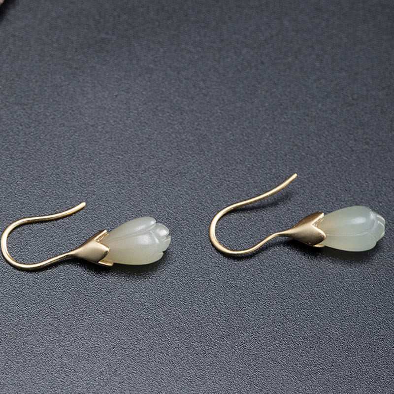 Orecchini pendenti Buddha Stones in argento sterling 925 con giada Hetian e magnolia - image 5