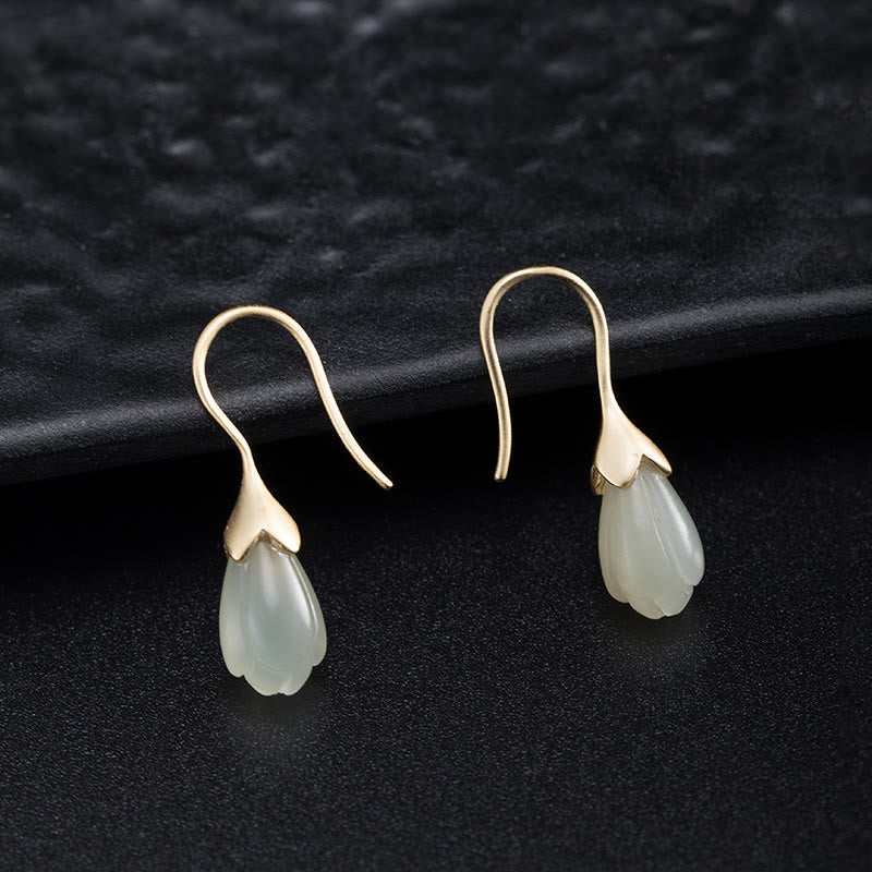 Orecchini pendenti Buddha Stones in argento sterling 925 con giada Hetian e magnolia - image 2