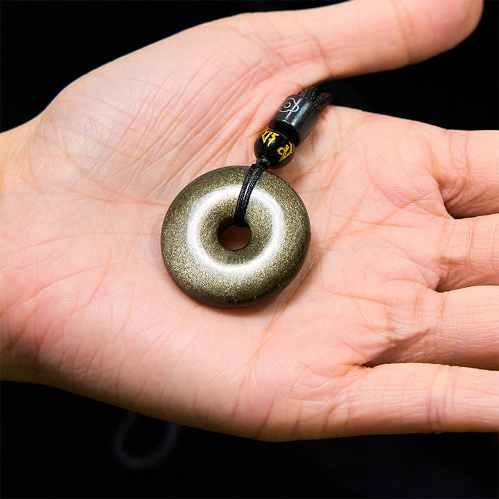 Buddha Stones Collana pendente con fibbia della pace in ossidiana naturale lucidata in oro