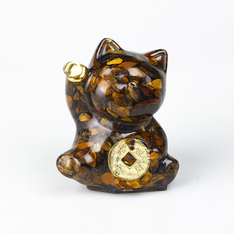 Buddha Stones Gatto portafortuna moneta di rame turchese labradorite cristallo rosa ametista forza decorazione per la casa - Occhio di tigre - Circa 5,5*6*4 cm - image 14