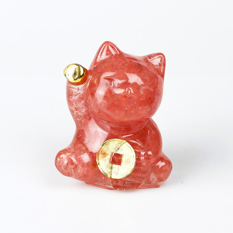 Buddha Stones Gatto portafortuna moneta di rame turchese labradorite cristallo rosa ametista forza decorazione per la casa - Quarzo rosso - Circa 5,5*6*4 cm - image 9