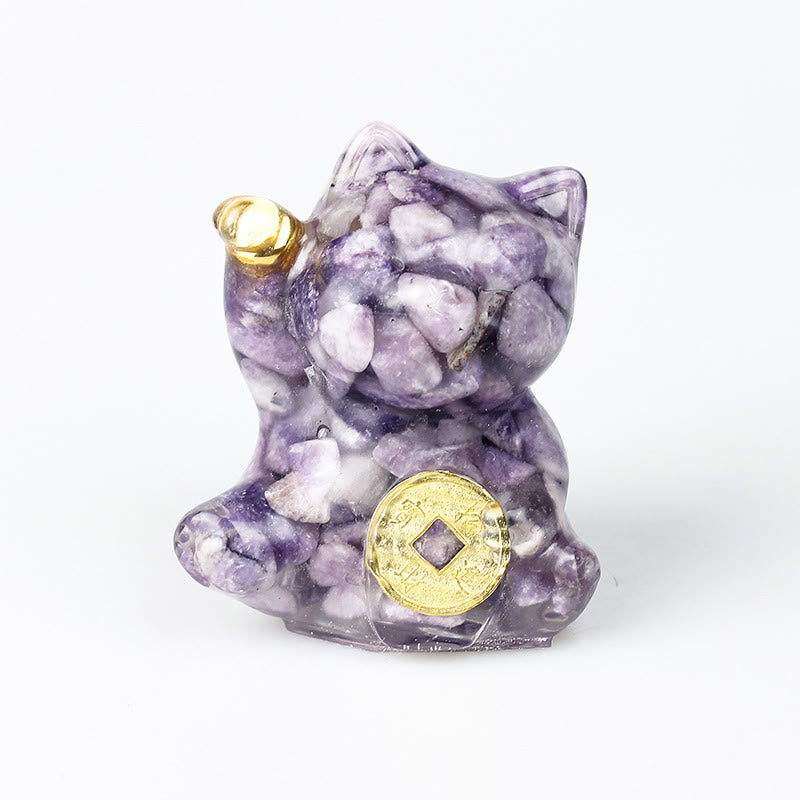 Buddha Stones Gatto portafortuna moneta di rame turchese labradorite cristallo rosa ametista forza decorazione per la casa - Lepidolite - Circa 5,5*6*4 cm - image 21