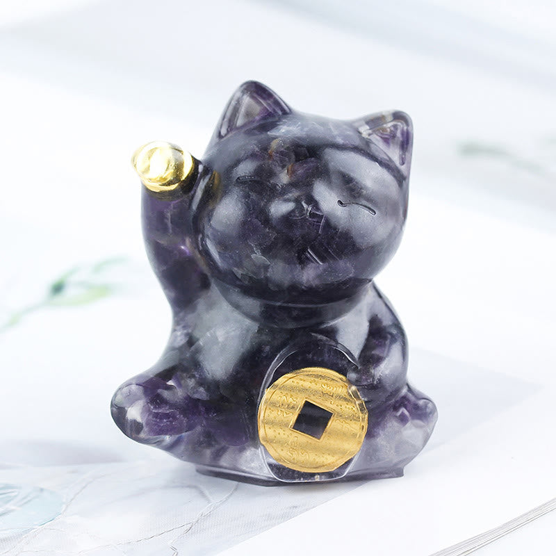 Buddha Stones Gatto portafortuna moneta di rame turchese labradorite cristallo rosa ametista forza decorazione per la casa - Ametista viola intenso - Circa 5,5*6*4 cm - image 27